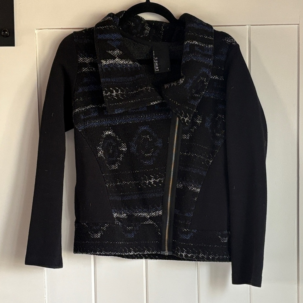 dolan Black Jacket with Blue/White Patterned Front Panels